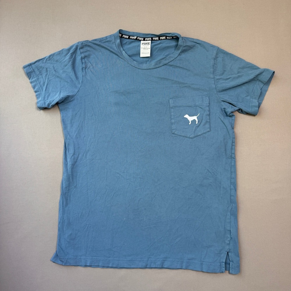 PINK Victoria's Secret Womens Small Blue Cotton Pocket T-Shirt Dog Logo Graphic